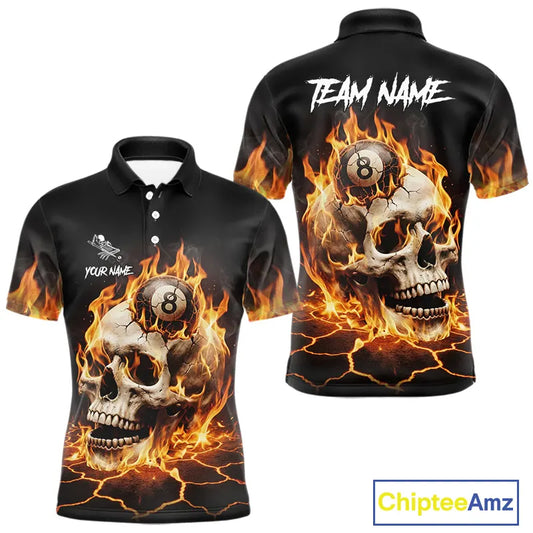 Orange Flaming Skull 8 Ball Billiard Shirt For Men Custom Pool Team Jersey Polo & Quarter Zip TDM5421