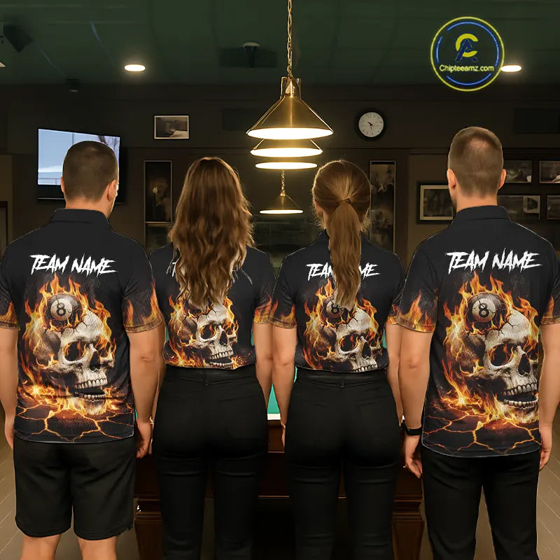 Orange Flaming Skull 8 Ball Billiard Shirt For Men Custom Pool Team Jersey Polo & Quarter Zip TDM5421
