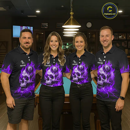 Purple Flaming Skull 8 Ball Billiard Shirt For Men Custom Pool Team Jersey Polo & Quarter Zip TDM5423