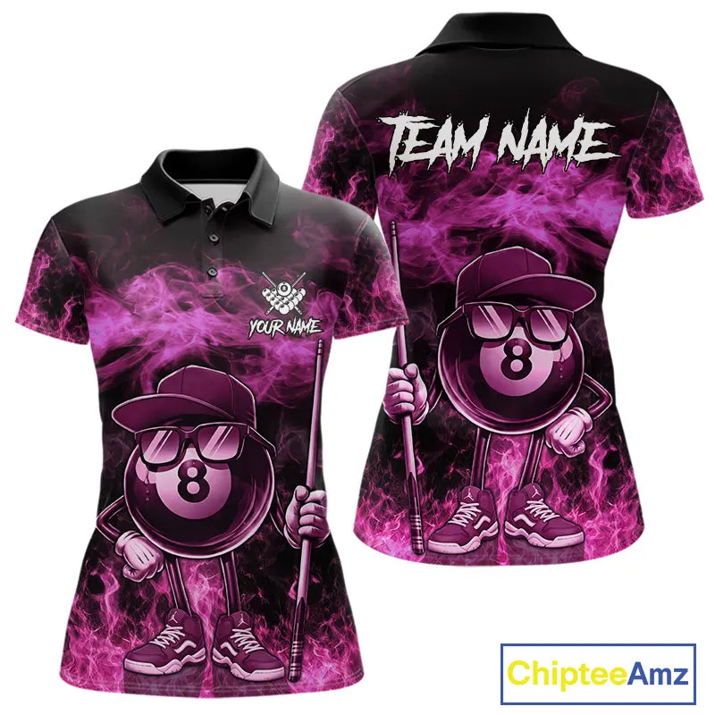 Pink Funny 8 Ball Pool Flame Smoke Billiard Shirt For Women Custom Billiard Team Jersey Uniform TDM5693
