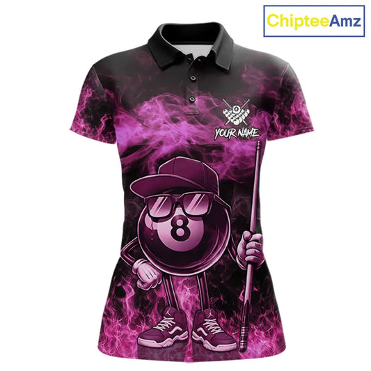 Pink Funny 8 Ball Pool Flame Smoke Billiard Shirt For Women Custom Billiard Team Jersey Uniform TDM5693