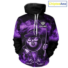 Load image into Gallery viewer, Purple Funny 8 Ball Pool Flame Smoke Billiard Hoodie For Men And Women Custom 8 Ball Hoodie Jersey TDM5694