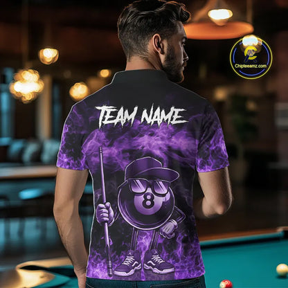Purple Funny 8 Ball Pool Flame Smoke Billiard Shirt For Men Custom Billiard Team Jersey Uniform TDM5694