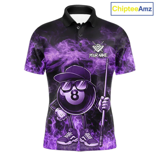 Purple Funny 8 Ball Pool Flame Smoke Billiard Shirt For Men Custom Billiard Team Jersey Uniform TDM5694