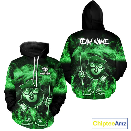 Green Funny 8 Ball Pool Flame Smoke Billiard Hoodie For Men And Women Custom 8 Ball Hoodie Jersey TDM5695