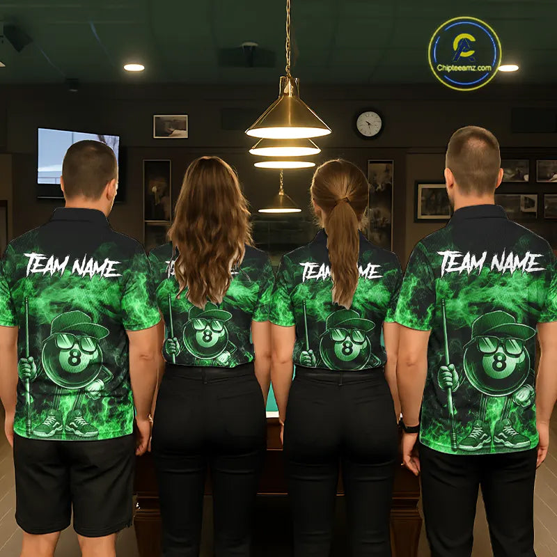 Green Funny 8 Ball Pool Flame Smoke Billiard Shirt For Women Custom Billiard Team Jersey Uniform TDM5695