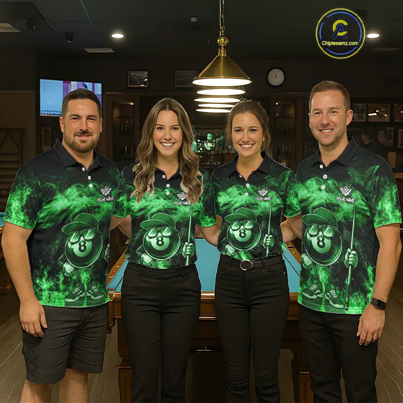 Green Funny 8 Ball Pool Flame Smoke Billiard Shirt For Women Custom Billiard Team Jersey Uniform TDM5695
