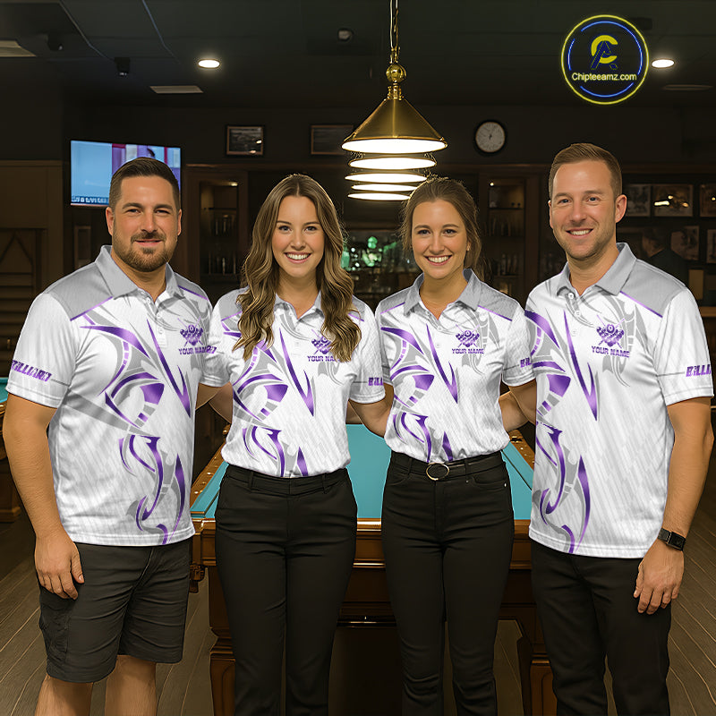 White And Purple Custom Crown 8 Ball Men's Billiards Shirts, Billiard Jersey Team Polo & 1/4 Zip TDM6054