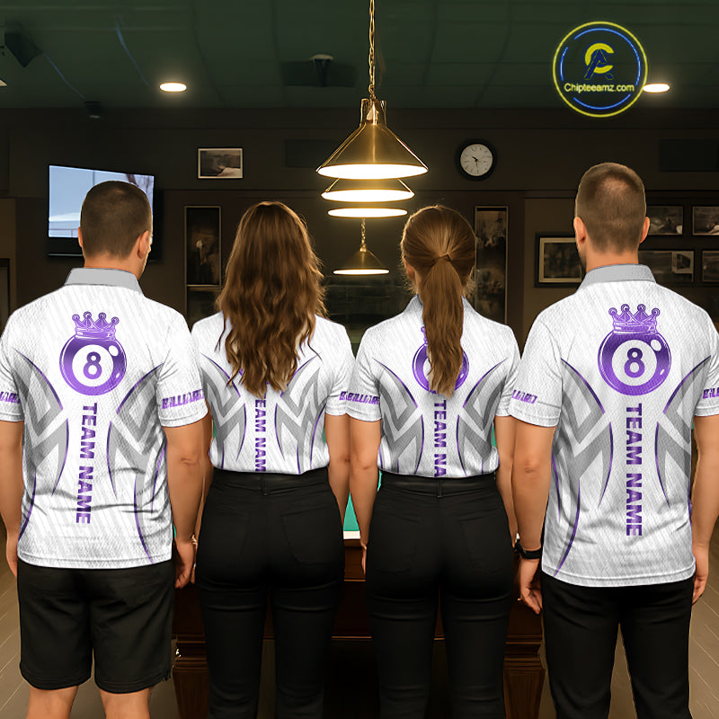 White And Purple Custom Crown 8 Ball Men's Billiards Shirts, Billiard Jersey Team Polo & 1/4 Zip TDM6054