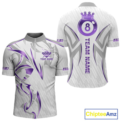 White And Purple Custom Crown 8 Ball Men's Billiards Shirts, Billiard Jersey Team Polo & 1/4 Zip TDM6054