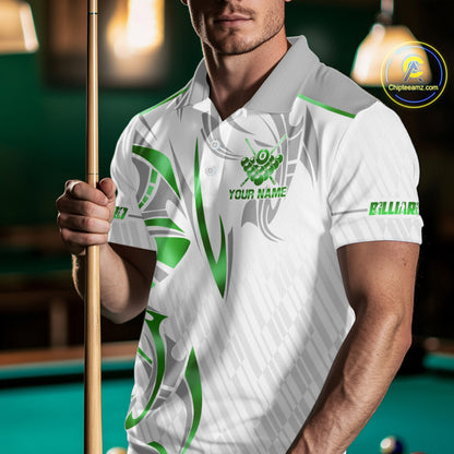 White And Green Custom Crown 8 Ball Men's Billiards Shirts, Billiard Jersey Team Polo & 1/4 Zip TDM6055