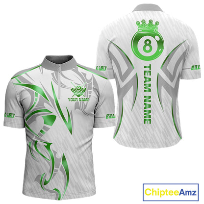 White And Green Custom Crown 8 Ball Men's Billiards Shirts, Billiard Jersey Team Polo & 1/4 Zip TDM6055