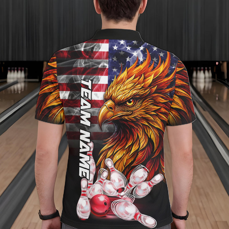 Man Wearing Smoke American Flag Phoenix Bowling Polo Shirt Back View Patriotic Bowling Team Jersey