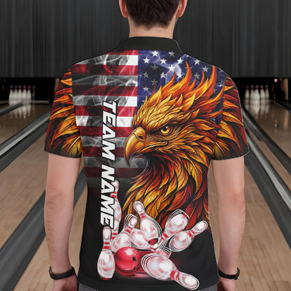 Man Wearing Smoke American Flag Phoenix Bowling Polo Shirt Back View Patriotic Bowling Team Jersey