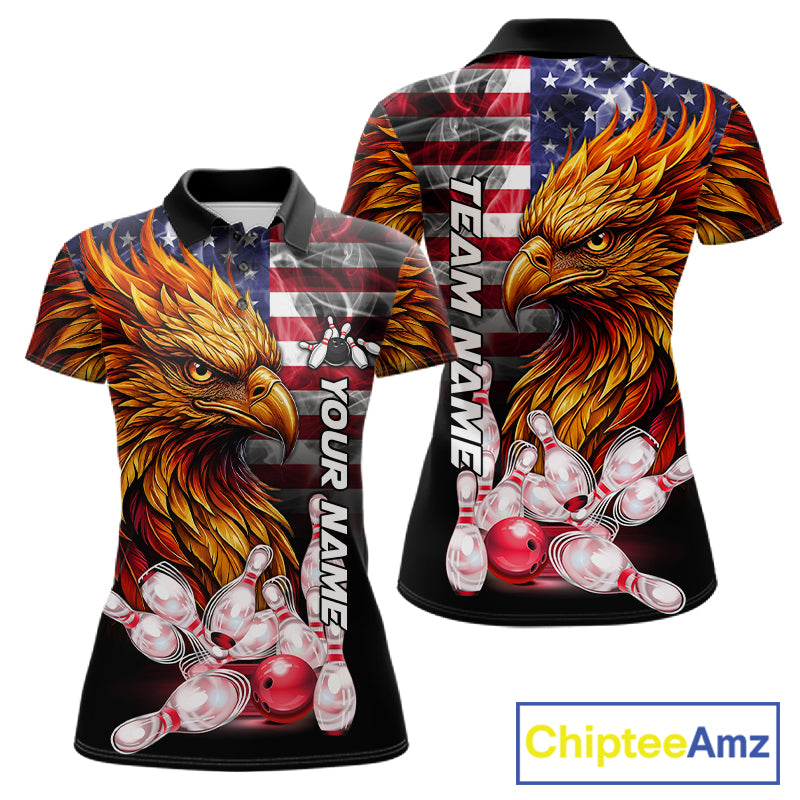 Smoke American Flag Phoenix Bowling Custom Polo Shirt For Women Patriotic Bowling League Team Jersey