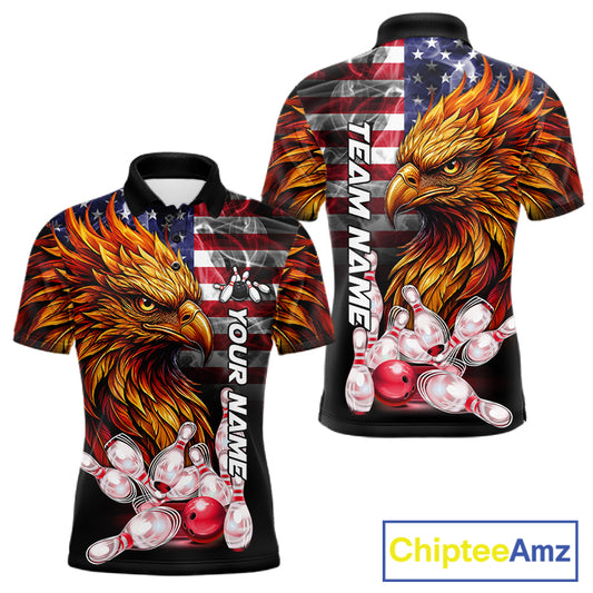 Smoke American Flag Phoenix Bowling Custom Polo Shirt For Men Patriotic Bowling League Team Jersey