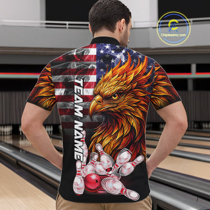 Man Wearing Smoke American Flag Phoenix Bowling Quarter Zip Shirt Back View Patriotic Bowling Team Jersey