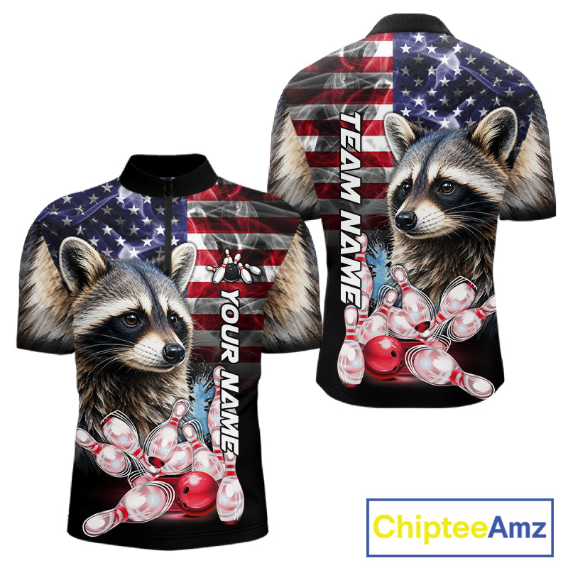 Smoke American Flag Raccoon Bowling Quarter Zip Shirt For Men Custom Patriotic Bowling Team Jersey