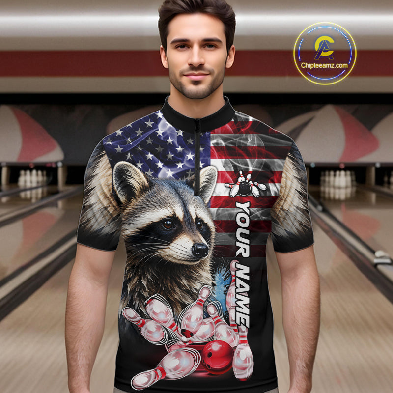 Man Wearing Smoke American Flag Raccoon Bowling Quarter Zip Shirt Front View Custom Bowling Jersey