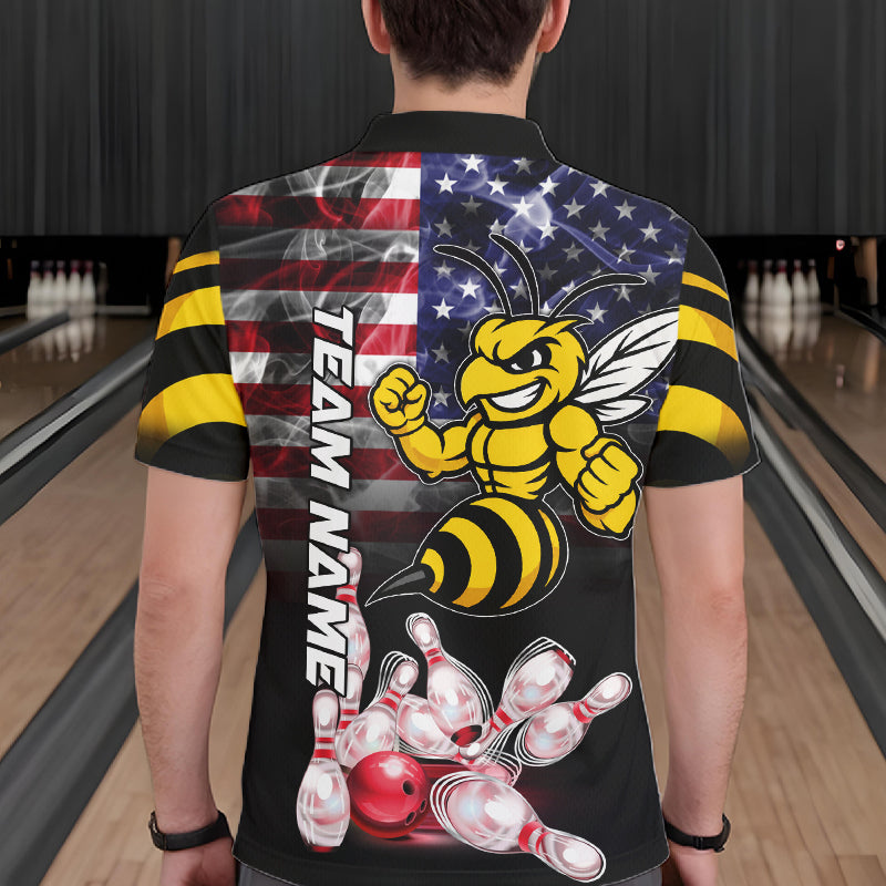 Man Wearing Smoke American Flag Funny Bee Bowling Polo Shirt Back View Patriotic Bowling Team Jersey