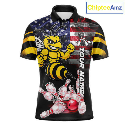 Smoke American Flag Funny Bee Bowling Polo Shirt For Men Custom Patriotic Bowling Team Jersey Design