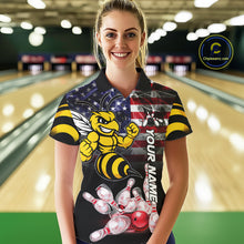 Load image into Gallery viewer, Woman Wearing Smoke American Flag Funny Bee Bowling Polo Shirt Front View Custom Patriotic Bowling Jersey