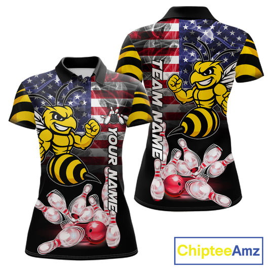 Smoke American Flag Funny Bee Bowling Custom Polo Shirt For Women Patriotic Bowling League Team Jersey