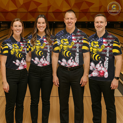 Bowling Team Wearing Smoke American Flag Funny Bee Bowling Polo Shirts Front View