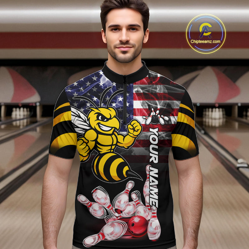 Man Wearing Smoke American Flag Funny Bee Bowling Quarter Zip Shirt Front View Custom Bowling Jersey