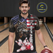 Load image into Gallery viewer, Man Wearing Smoke American Flag Wolf Bowling Polo Shirt Front View Custom Patriotic Bowling Jersey