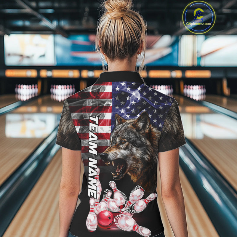 Woman Wearing Smoke American Flag Wolf Bowling Polo Shirt Back View Patriotic Bowling Team Jersey