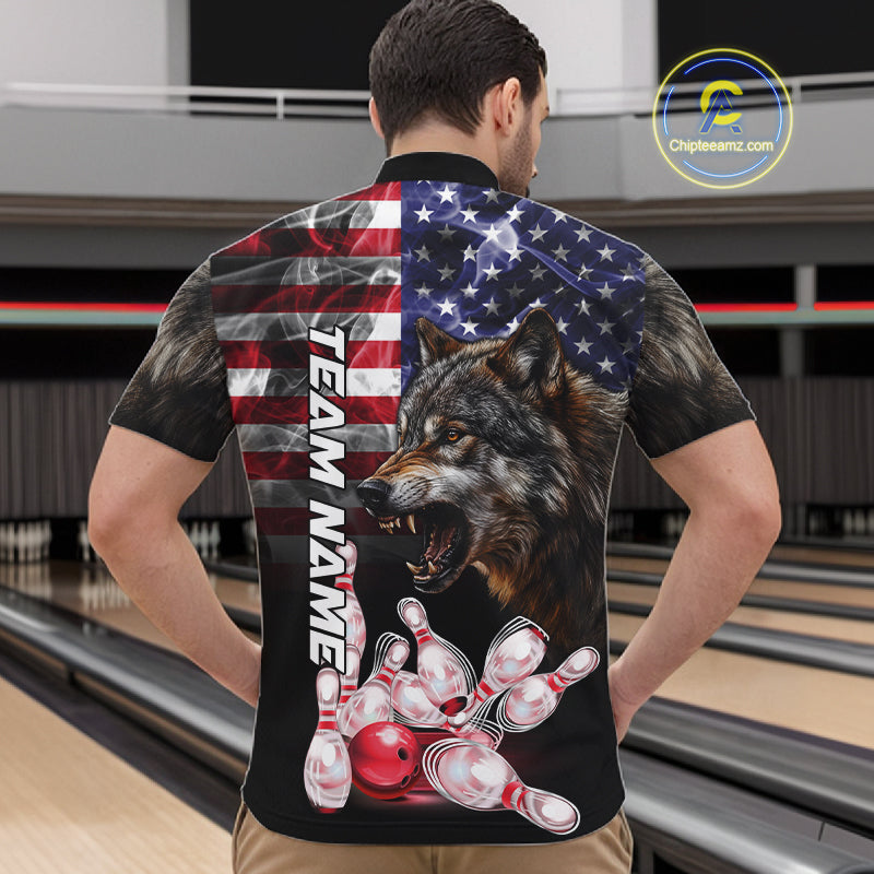 Man Wearing Smoke American Flag Wolf Bowling Quarter Zip Shirt Back View Patriotic Bowling Team Jersey