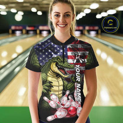 Woman Wearing Smoke American Alligator Bowling Quarter Zip Shirt Front View Custom Bowling Jersey