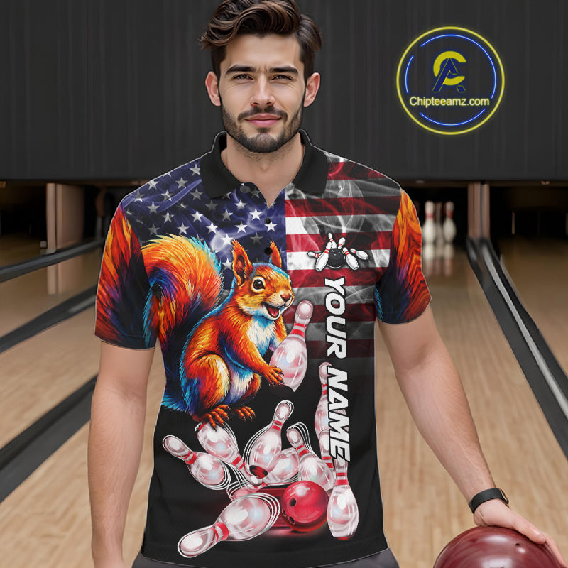 Man Wearing Smoke American Flag Squirrel Bowling Polo Shirt Front View Custom Patriotic Bowling Jersey