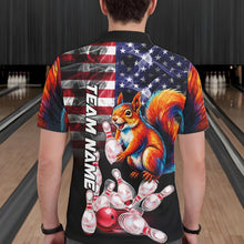 Load image into Gallery viewer, Man Wearing Smoke American Flag Squirrel Bowling Polo Shirt Back View Patriotic Bowling Team Jersey