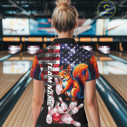 Woman Wearing Smoke American Flag Squirrel Bowling Polo Shirt Back View Patriotic Bowling Team Jersey
