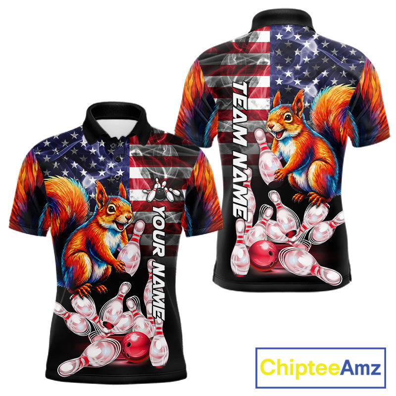 Smoke American Flag Squirrel Bowling Custom Polo Shirt For Men Patriotic Bowling League Team Jersey