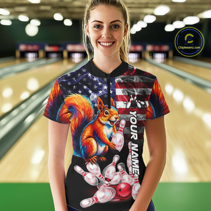 Woman Wearing Smoke American Flag Squirrel Bowling Quarter Zip Shirt Front View Custom Bowling Jersey