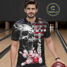Load image into Gallery viewer, Man Wearing Smoke American Flag Skull Bowling Polo Shirt Front View Custom Patriotic Bowling Jersey