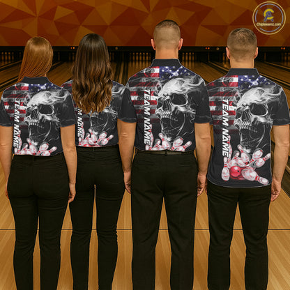 Bowling Team Wearing Smoke American Flag Skull Bowling Polo Shirts Back View