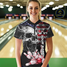 Load image into Gallery viewer, 5. Woman Wearing Smoke American Flag Skull Bowling Quarter Zip Shirt Front View Custom Bowling Jersey