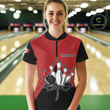Load image into Gallery viewer, Woman Wearing Canada Bowling Quarter Zip Shirt Front View Custom Bowling Team Jersey