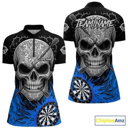 Black And Blue Flaming Skull Darts Shirt For Women Custom Darts League Jersey Team Polo & 1/4 Zip TDM5436