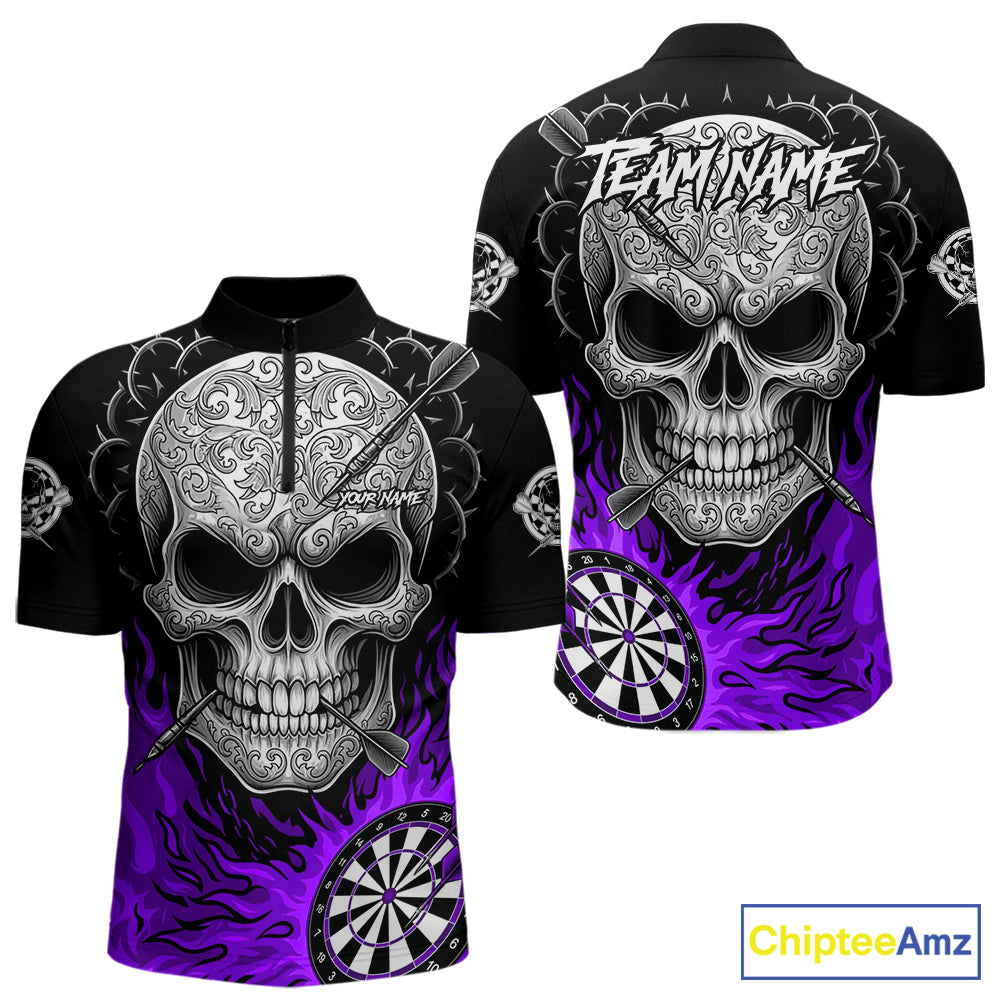 Black And Purple Flaming Skull Darts Shirt For Men Custom Darts League Jersey Team Polo & 1/4 Zip TDM5437