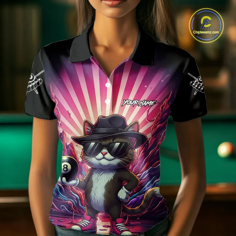 Funny Cat 8 Ball Billiard Shirt For Women Custom Neon Graffiti Billiard Jersey Team Polo & 1/4 Zip TDM5444