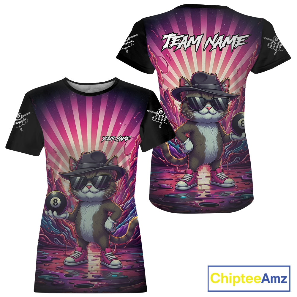 Funny Cat 8 Ball Billiard T-Shirt For Women Custom Neon Graffiti Billiard Jersey, Billiard Gifts TDM5444