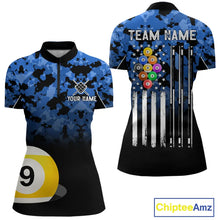 Load image into Gallery viewer, 9 Ball Pool Blue Camo Custom Billiard Shirts For Women, Patriotic US Flag Billiard Team Jerseys TDM5711