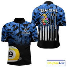 Load image into Gallery viewer, 9 Ball Pool Blue Camo Custom Billiard Shirts For Men, Patriotic US Flag Billiard Team Jerseys TDM5711