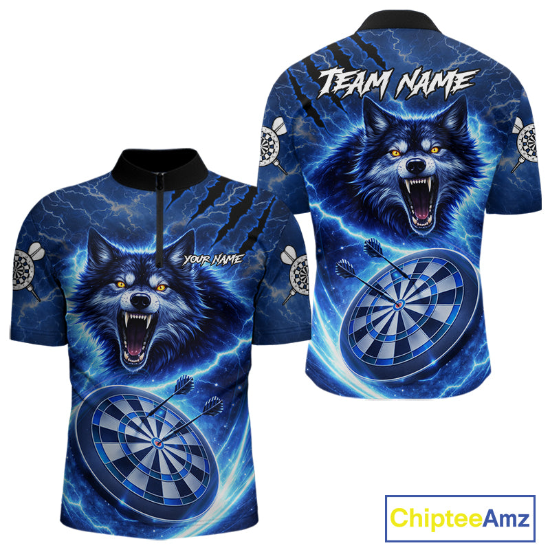Personalized Blue Dartboard Lightning Wolf Darts Shirt For Men, Darts Team Jersey Polo & 1/4 Zip TDM5918