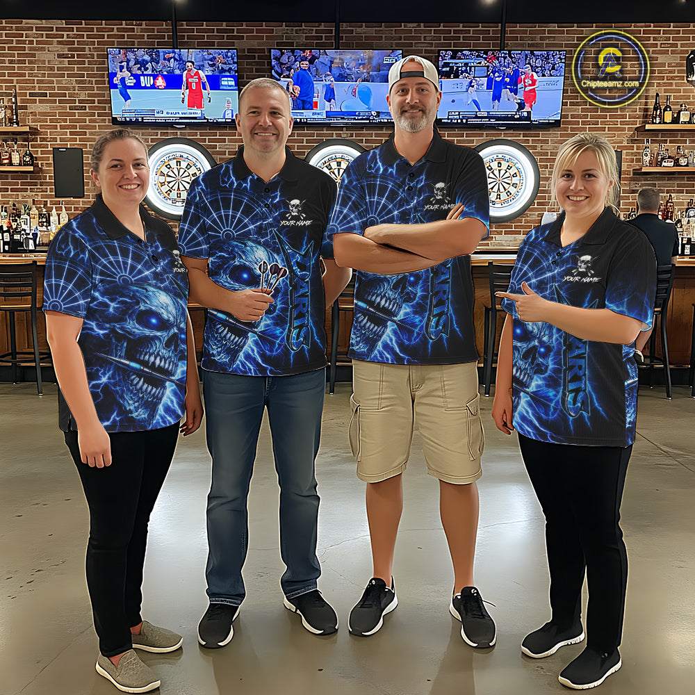 Blue Darts Skull Polo & Quarter Zip Shirt For Men Custom Thunder Lighting Darts Team Jersey TDM6061